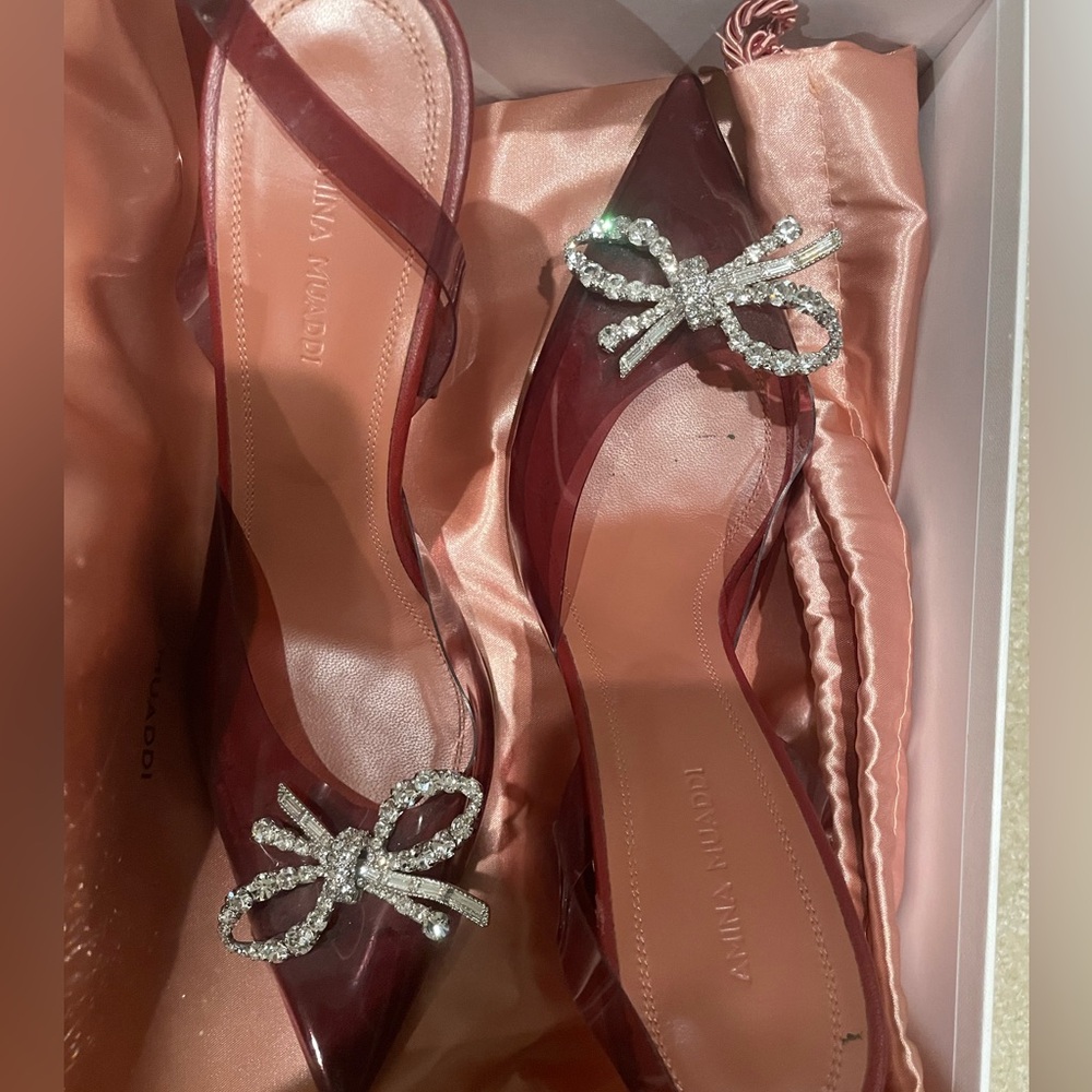 Amina Muaddi Burgundy PVC Slingback Pumps with Crystal Bow - Picture 8 of 8